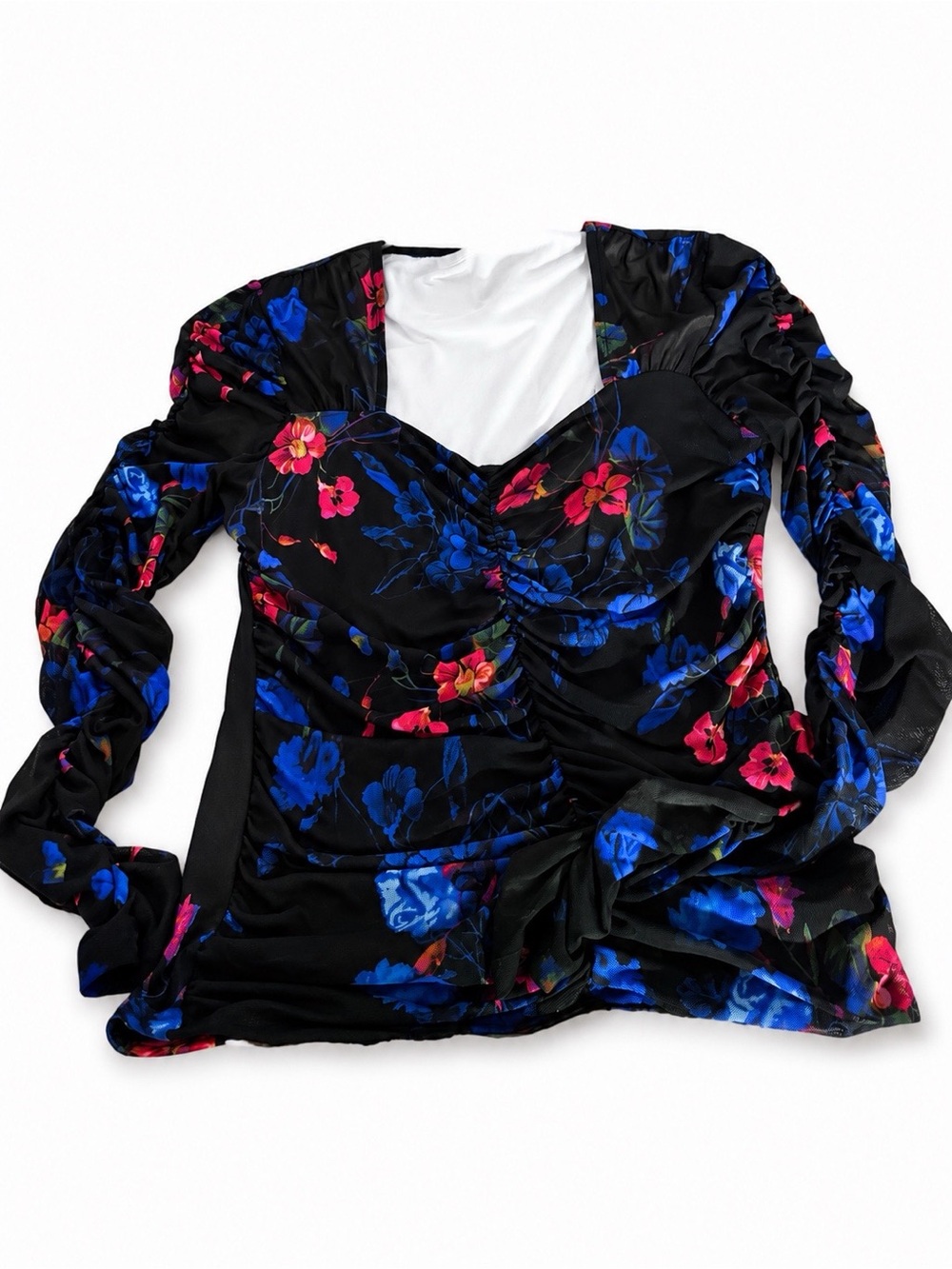 INC International Concepts Black Floral V-Neck Ruched Blouse